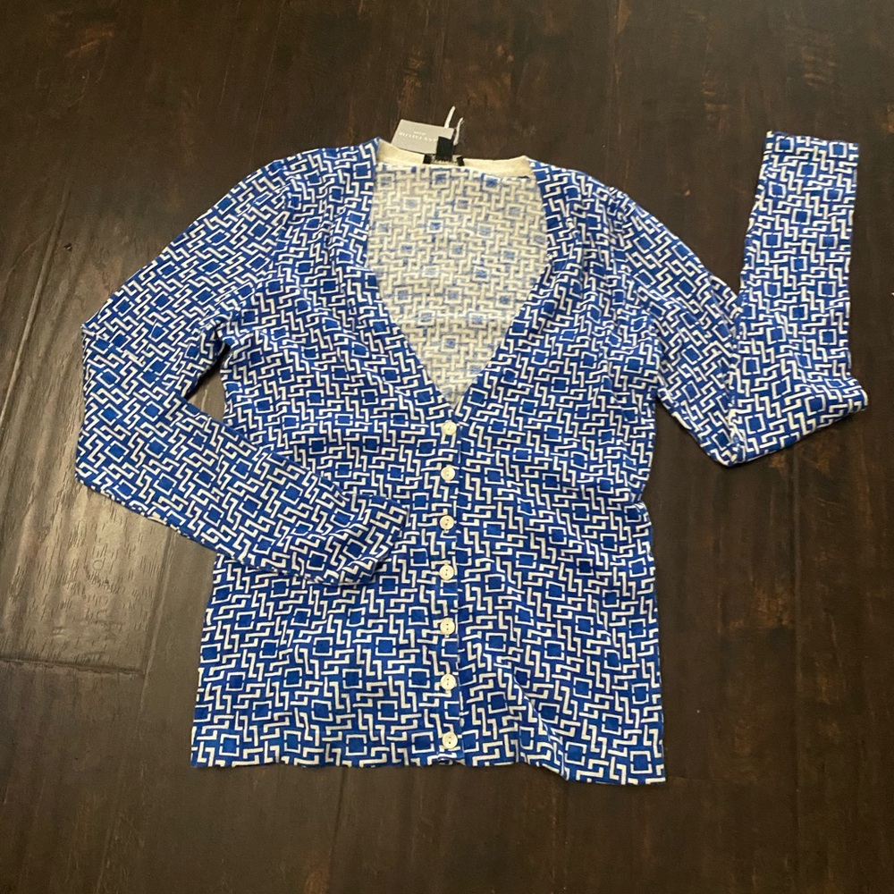 Ann Taylor Blue and White Patterned Cardigan
